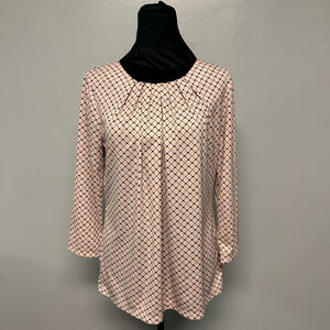 Worthington Pink & Black Blouse women’s size medium 3/4 sleeve gathered neck